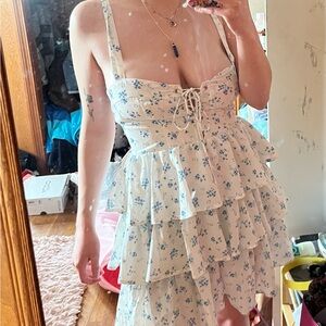 cider blue and white flower flowy dress summer dress adjustable straps